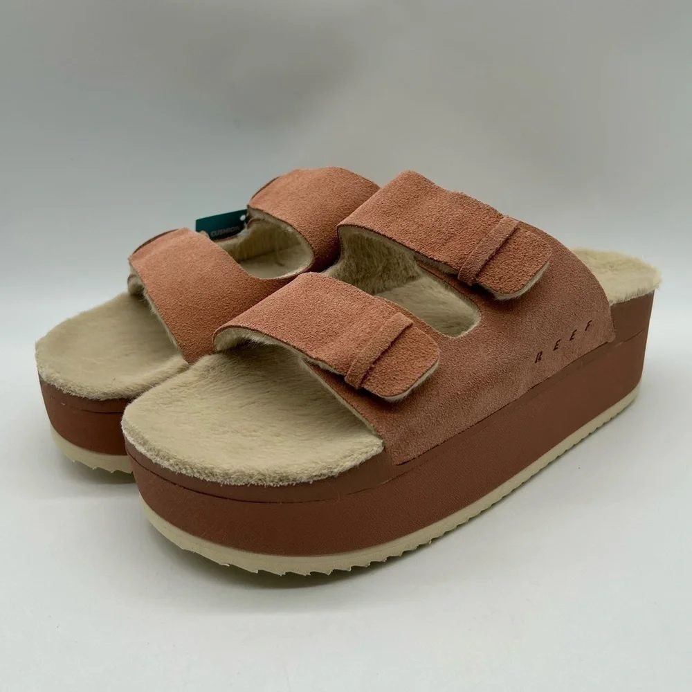 Reef Ojai Ciara Platform Sandals Women’s 9 Cork l Suede l Faux Shearling l NWT